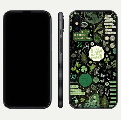 Green Moon Energy Glass Case for iPhone X front and back view layout highlighting cosmic tones and smooth edges