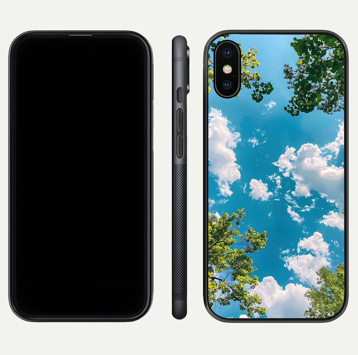 Greenery Sky Glass Case for iPhone X front and back view layout displaying scenic green-blue gradient and curved edges