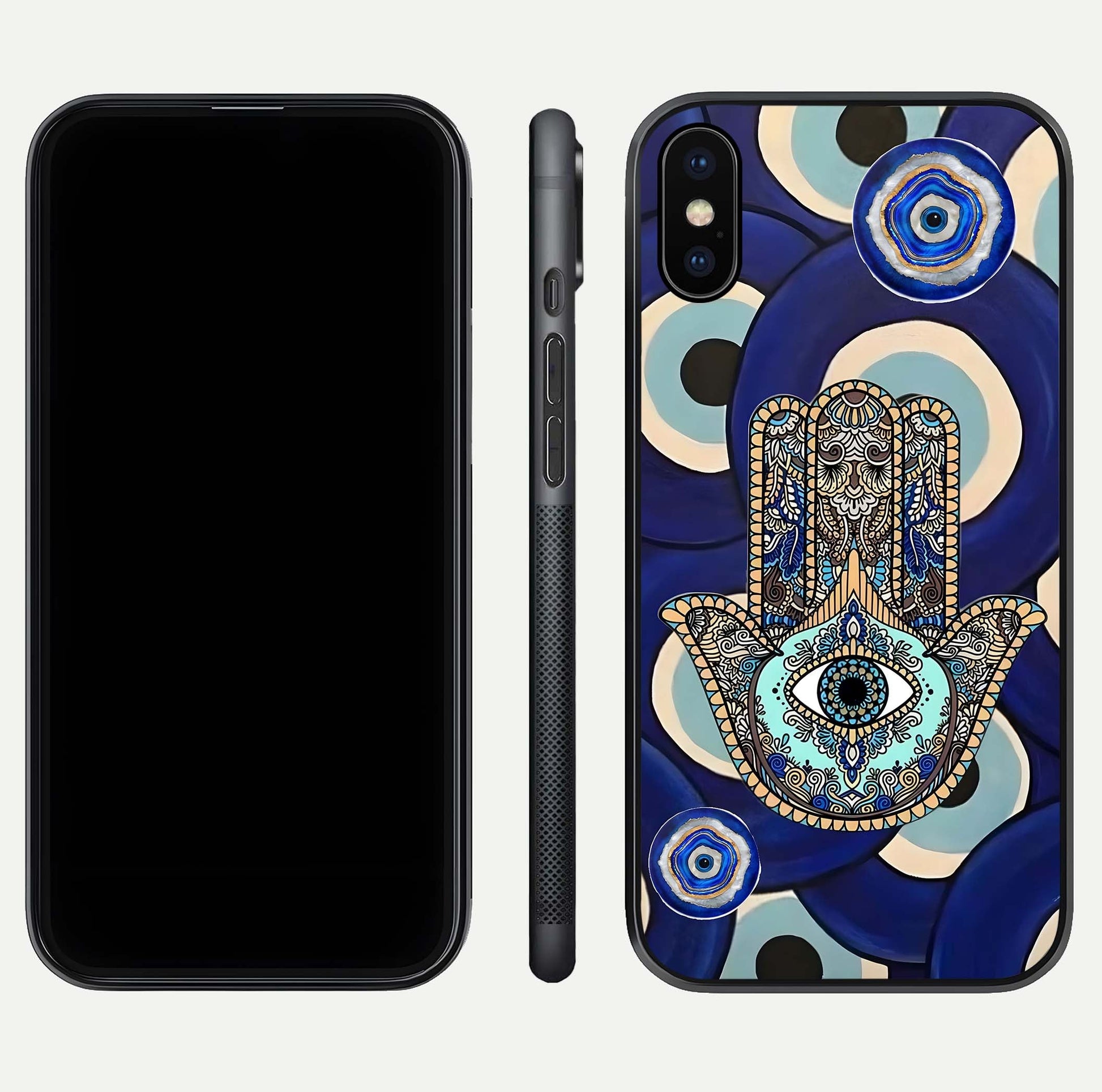 Hamsa Divine Guard Glass Case for iPhone X front and back view layout highlighting spiritual artwork and smooth edges