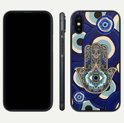 Hamsa Divine Guard Glass Case for iPhone X front and back view layout highlighting spiritual artwork and smooth edges