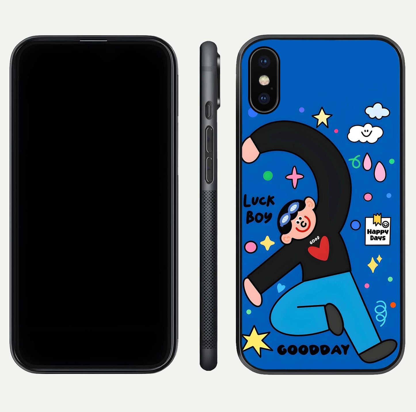 Happy Luck Vibe Glass Case for iPhone X front and back view layout highlighting positive motif and curved edges