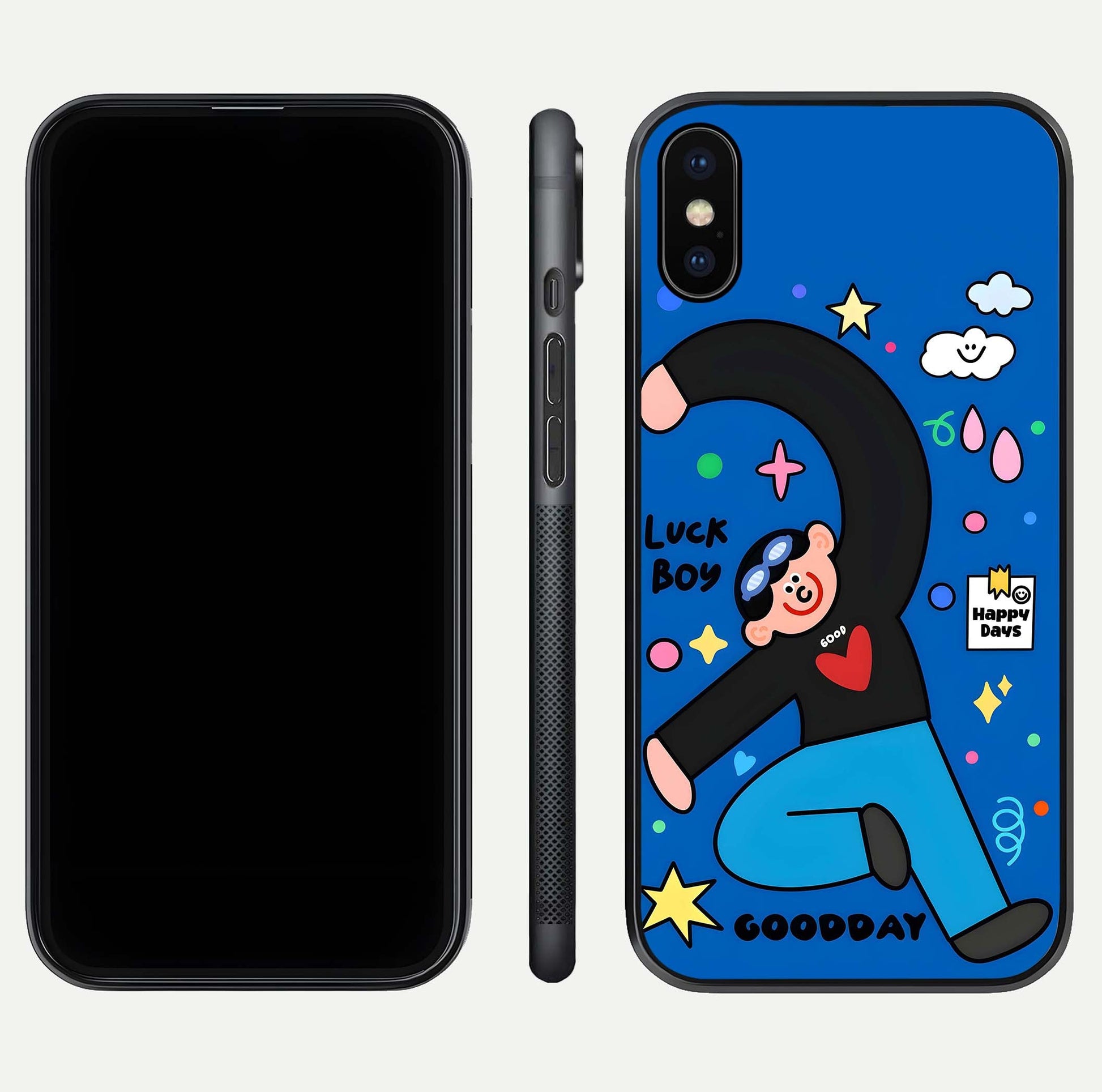 Happy Luck Vibe Glass Case for iPhone X front and back view layout highlighting positive motif and curved edges