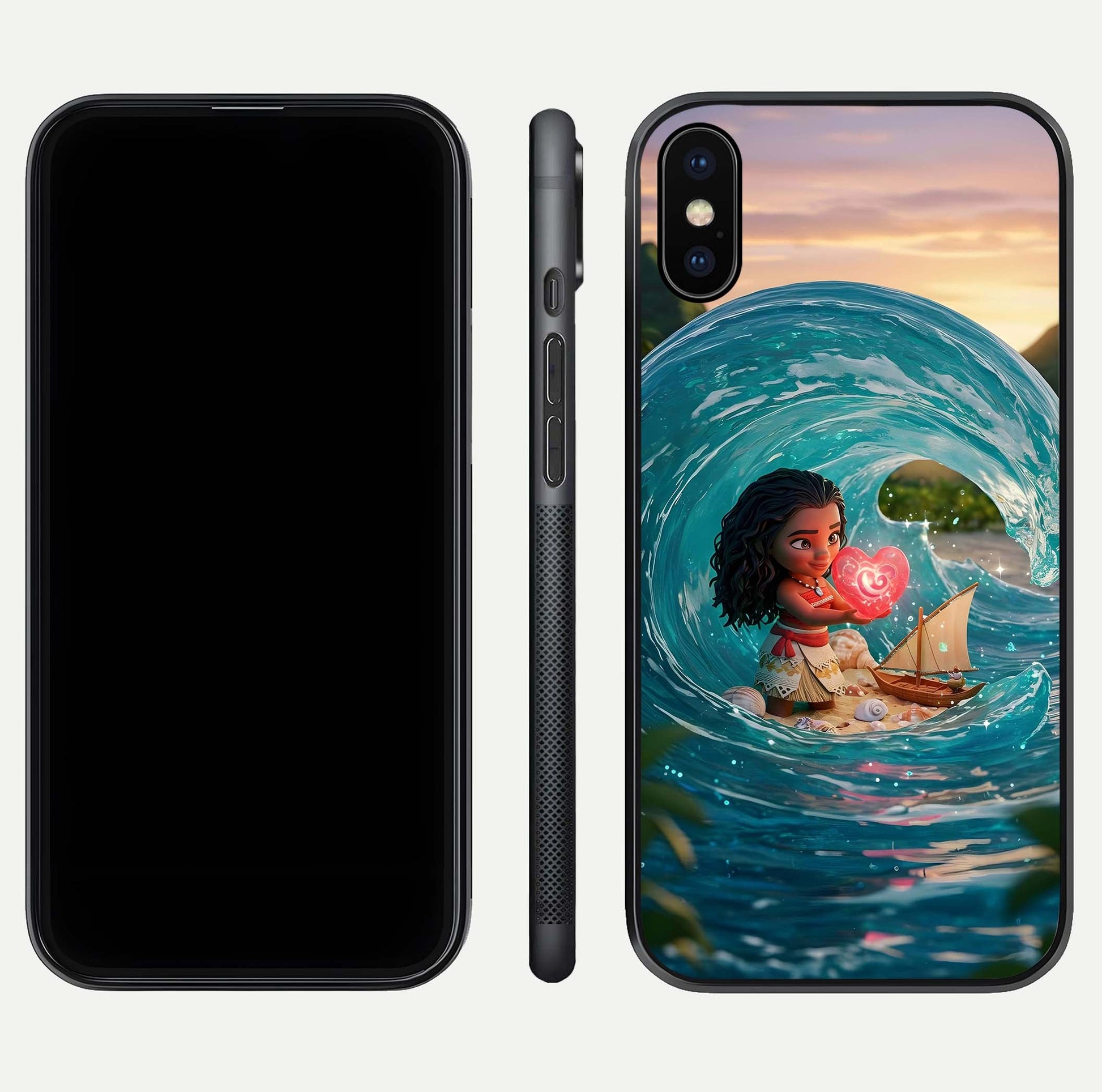 Heart of Ocean Glass Case for iPhone X front and back view layout highlighting sea-themed art and curved glass edges