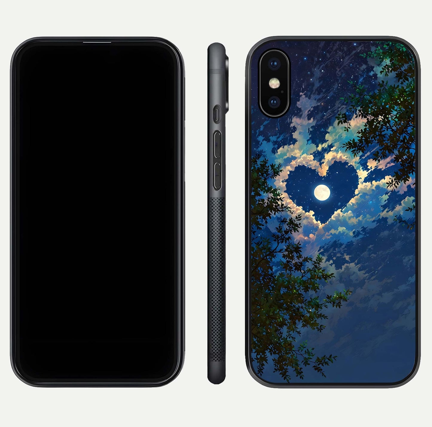 Heart with Moon Sky Glass Case for iPhone X front and back view layout displaying celestial tones and curved glass