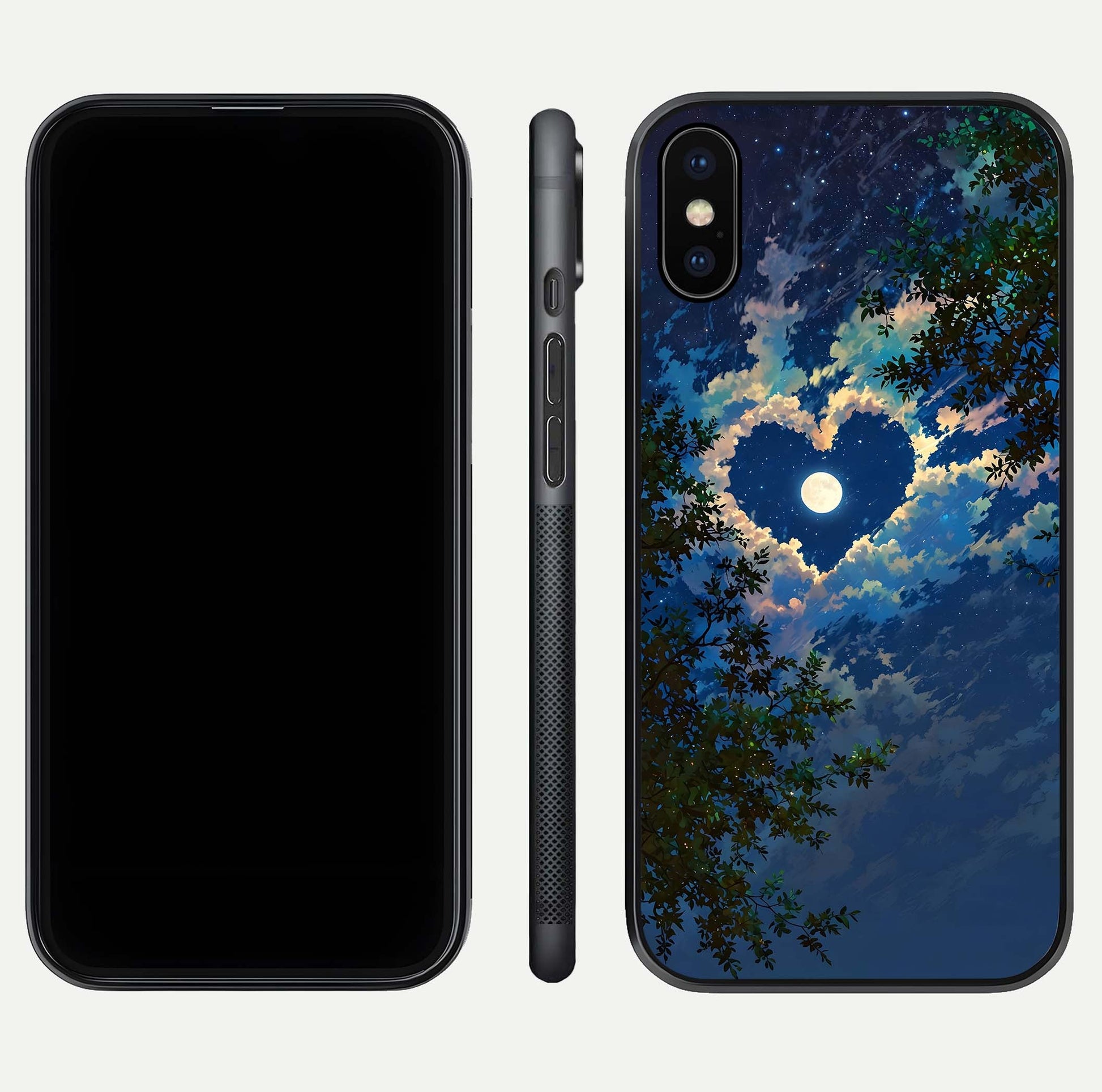 Heart with Moon Sky Glass Case for iPhone X front and back view layout displaying celestial tones and curved glass