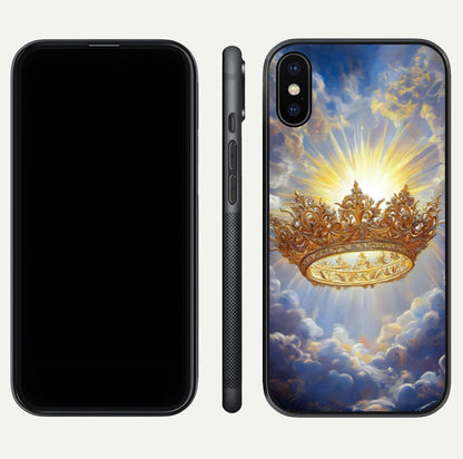Heavenly Crown Light Glass Case for iPhone X front and back view layout highlighting golden aura tones and curved glass edges