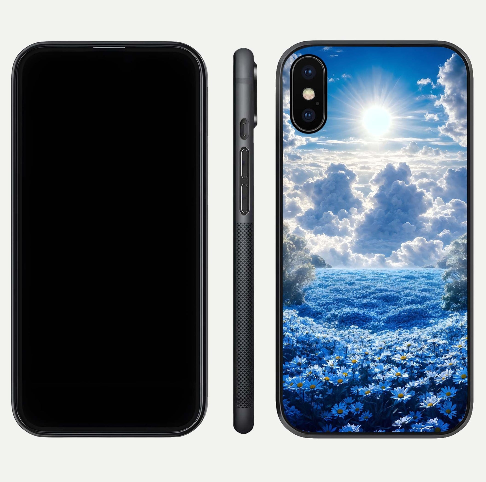 Heavenly Daisy Horizon Glass Case for iPhone X front and back view layout highlighting floral field tones and curved edges