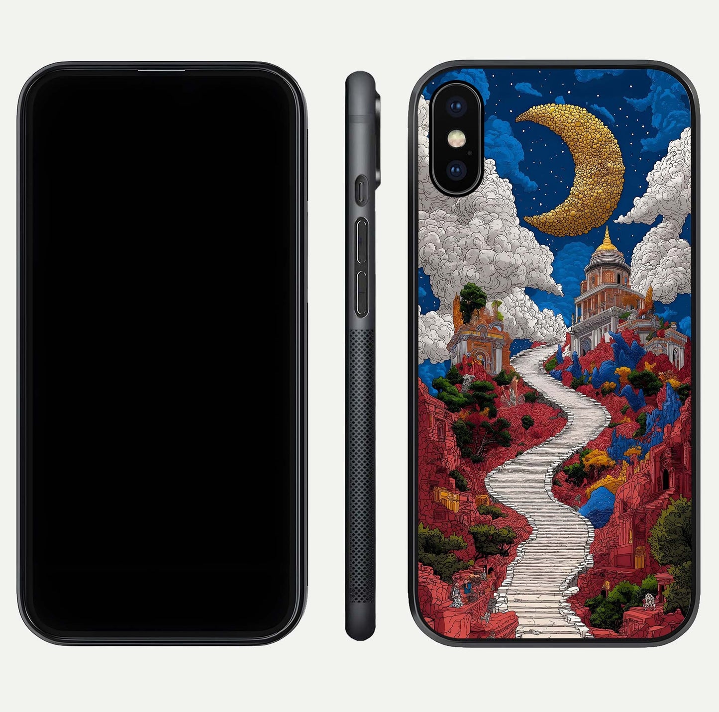 Heavenly Moon Path Glass Case for iPhone X front and back view layout displaying night sky tones and curved glass edges