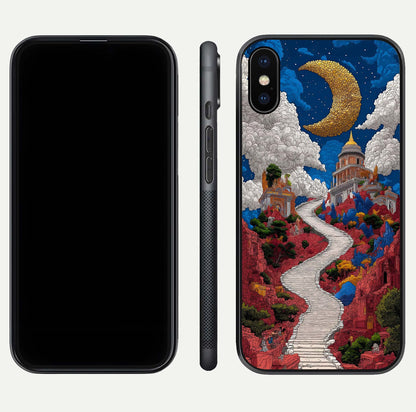 Heavenly Moon Path Glass Case for iPhone X front and back view layout displaying night sky tones and curved glass edges