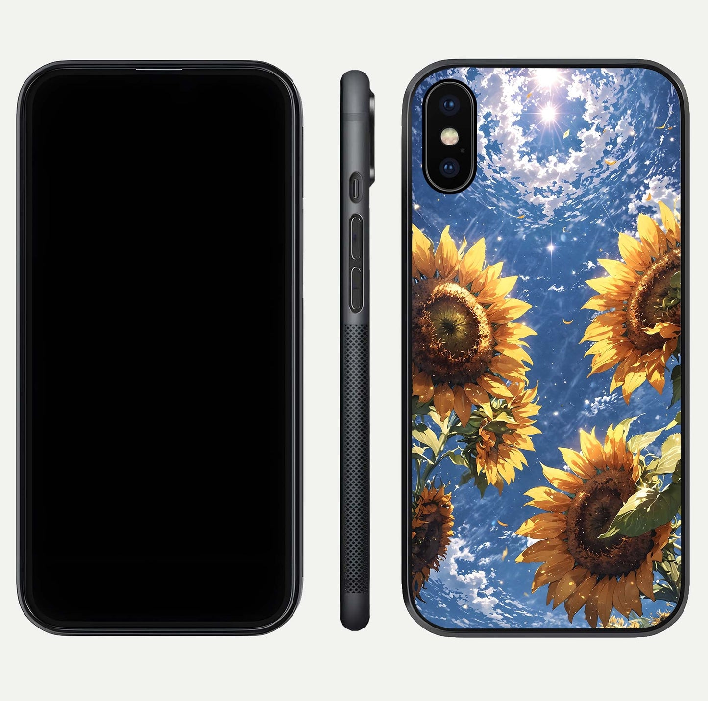 Heavenly Sunflower Rise Glass Case for iPhone X front and back view layout highlighting golden floral tones and curved edges