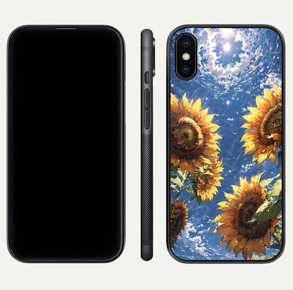 Heavenly Sunflower Rise Glass Case for iPhone X front and back view layout highlighting golden floral tones and curved edges