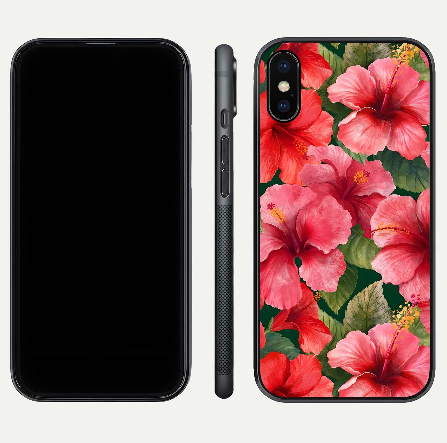 Hibiscus Pattern Glass Case for iPhone X front and back view layout highlighting tropical design and curved glass edges