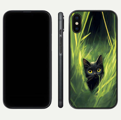 Hidden Cat Whisper Glass Case for iPhone X front and back view layout highlighting minimalist art and curved edges