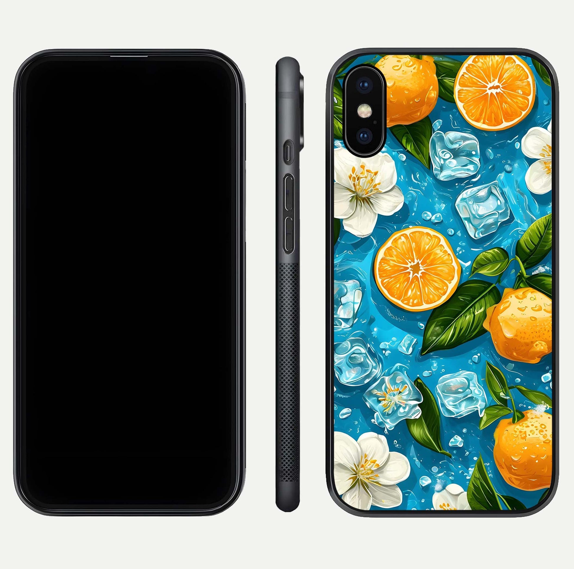 Ice Cube With Orange Glass Case for iPhone X front and back view layout highlighting fresh orange tones and curved edges