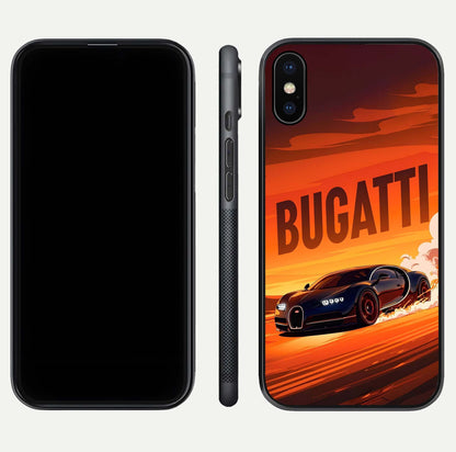 Inferno Bugatti Storm Glass Case for iPhone X front and back view layout highlighting car silhouette and curved glass edge