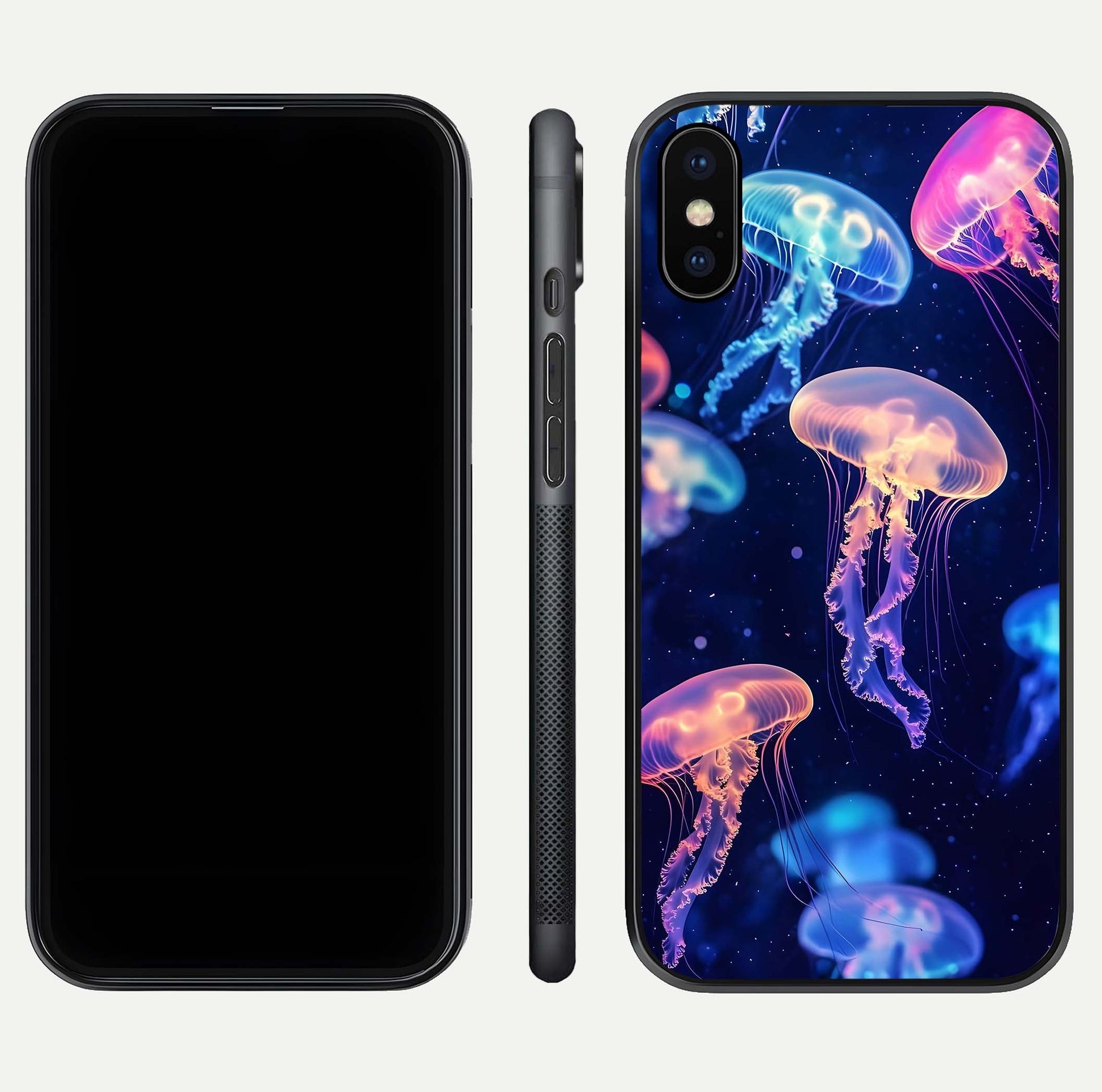 Jellyfish Pattern Glass Case for iPhone X front and back view layout highlighting aquatic tones and curved edges