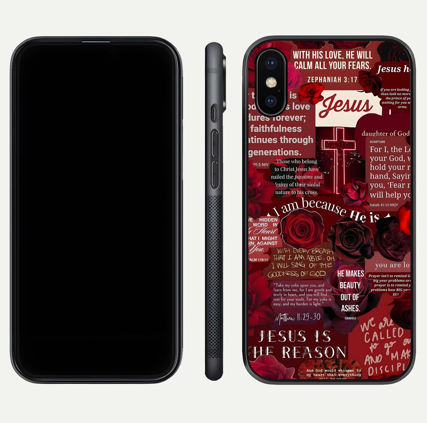 Jesus Love Heals Glass Case for iPhone X front and back view layout with elegant typography and smooth edges