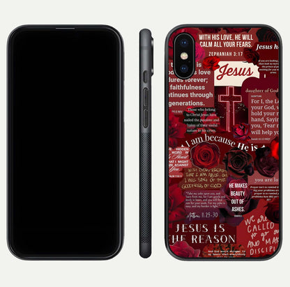 Jesus Love Heals Glass Case for iPhone X front and back view layout with elegant typography and smooth edges