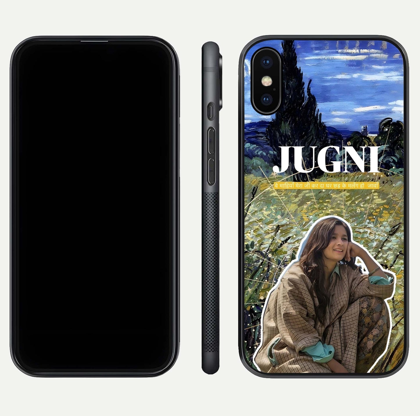 Jugni Soul Vibes Glass Case for iPhone X front and back view layout highlighting desi art and curved glass edges