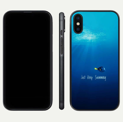 Just Keep Swimming Glass Case for iPhone X front and back view layout with smooth glass edges and HD text clarity
