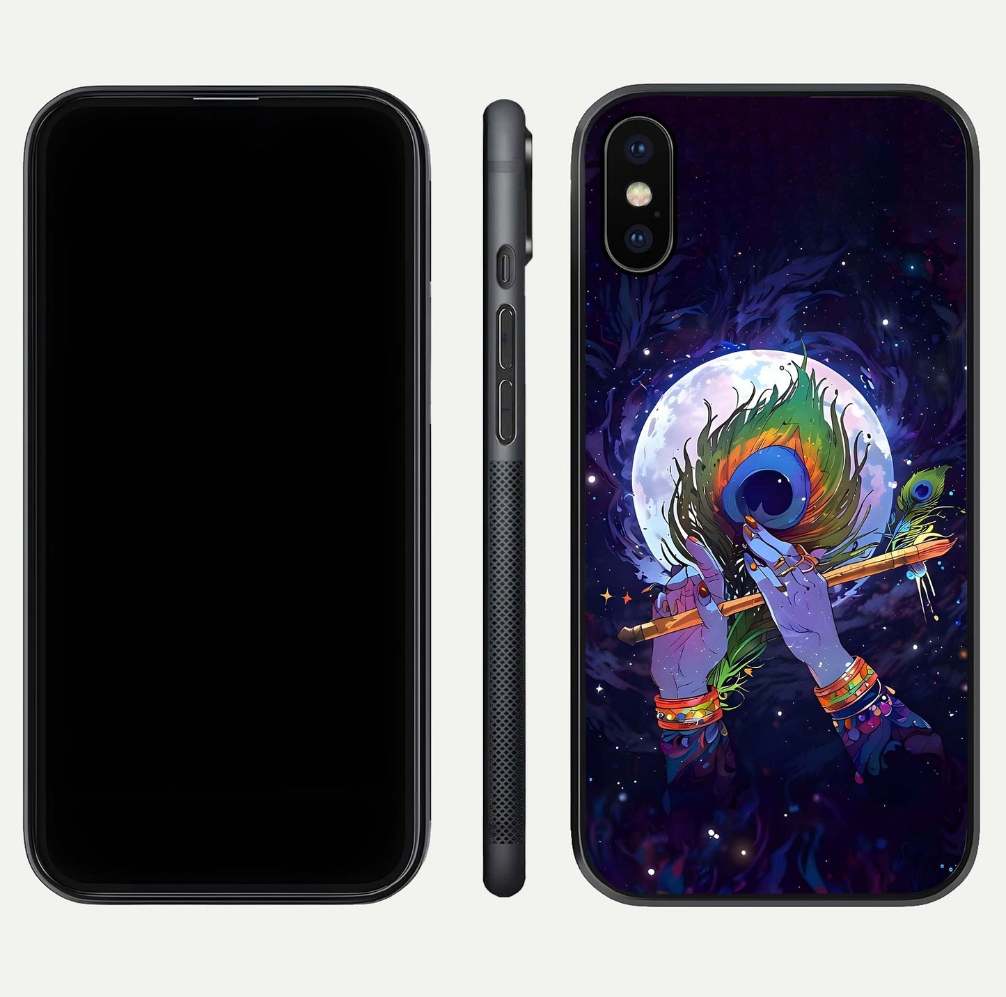Krishna Hands Art Glass Case for iPhone X front and back view layout displaying soft edges and spiritual tones