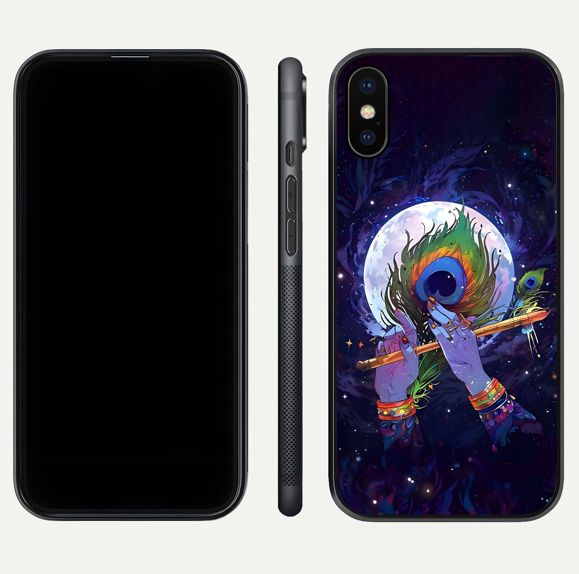 Krishna Hands Art Glass Case for iPhone X front and back view layout displaying soft edges and spiritual tones