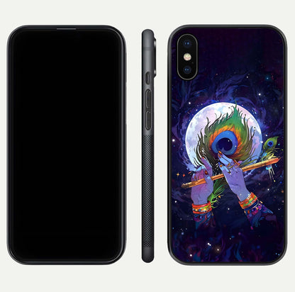 Krishna Hands Art Glass Case for iPhone X front and back view layout displaying soft edges and spiritual tones