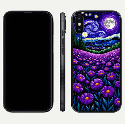 Lavender Moon Field Glass Case for iPhone X front and back view layout with soft gradient and curved edges