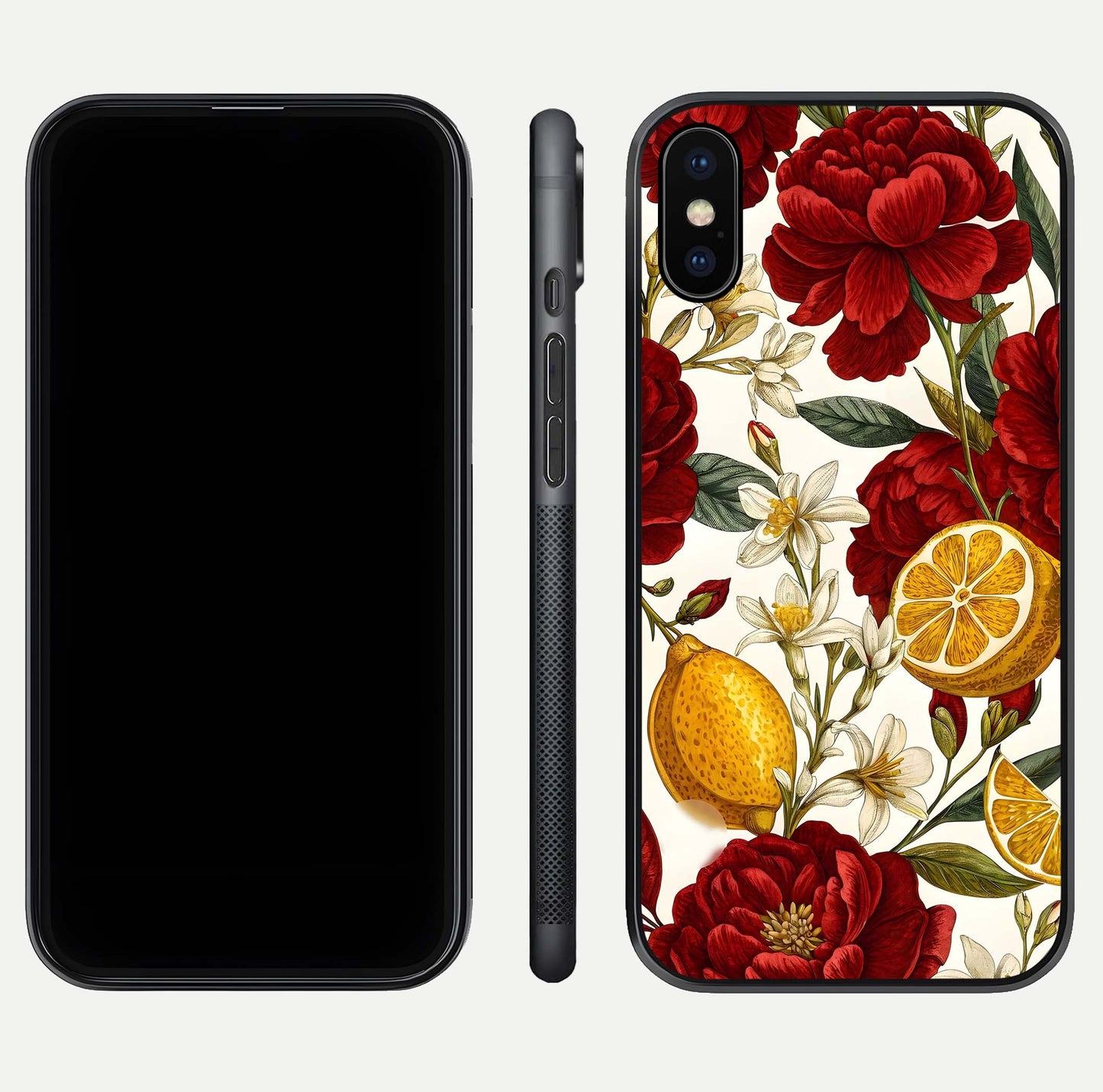 Lemon Rose Charm Glass Case for iPhone X front & back layout highlighting soft yellow tones and curved edges
