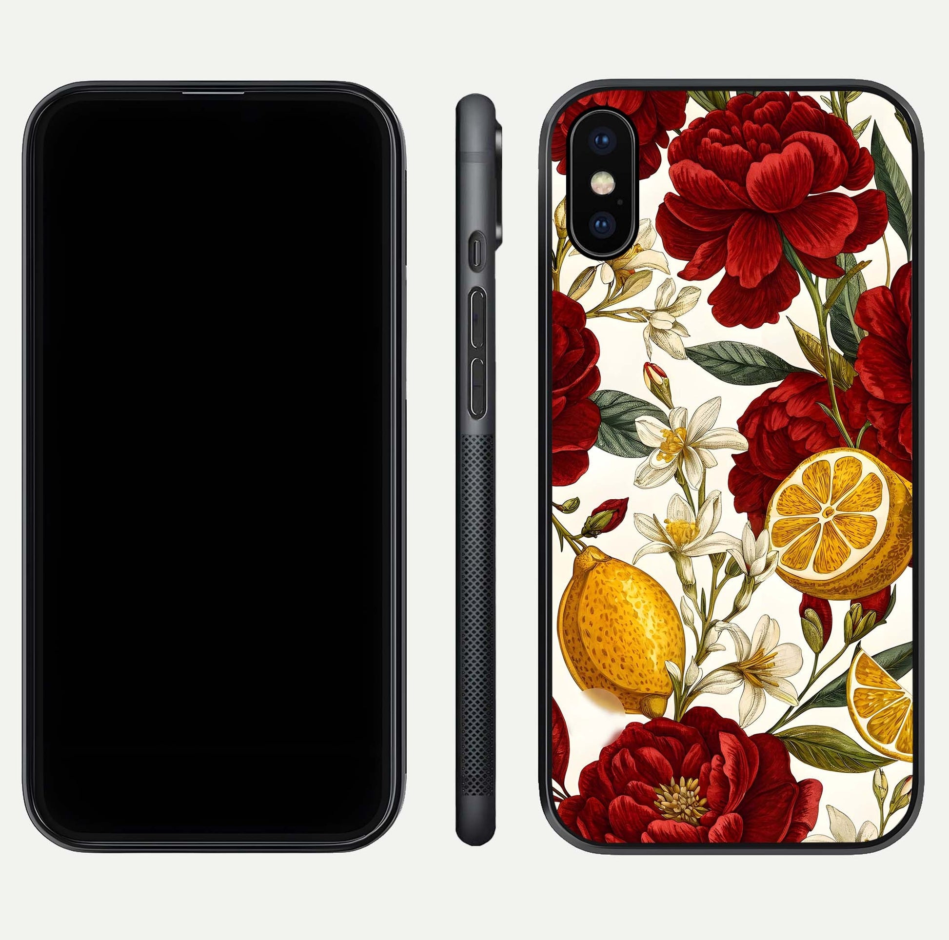 Lemon Rose Charm Glass Case for iPhone X front & back layout highlighting soft yellow tones and curved edges