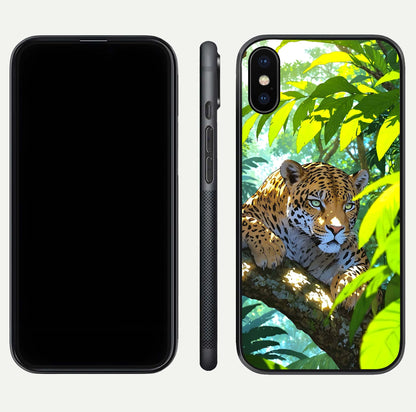 Leopard in Jungle Glass Case for iPhone X front & back layout with premium edge detailing and vivid jungle art