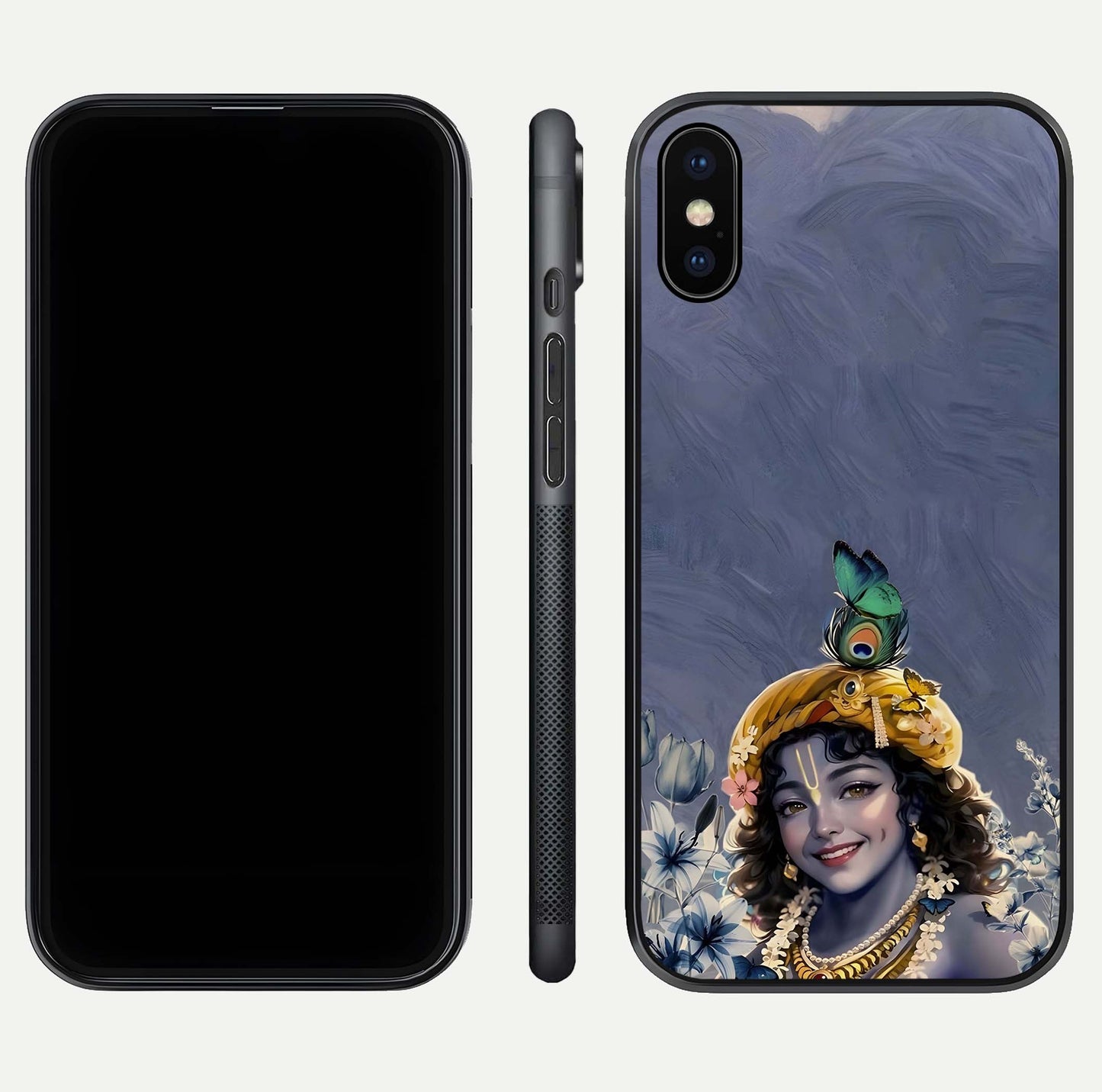Lord Krishna Glass Case for iPhone X front & back layout displaying soft tones and elegant edges