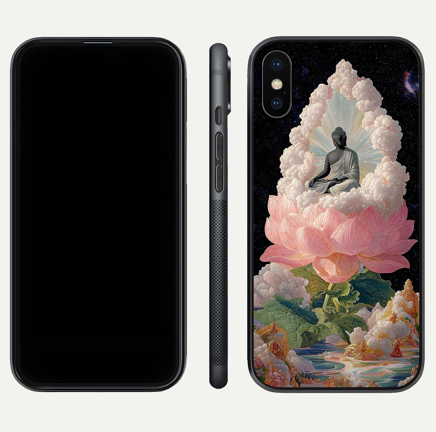Lotus Divine Peace Glass Case for iPhone X front & back layout highlighting soft pink hues and curved edges