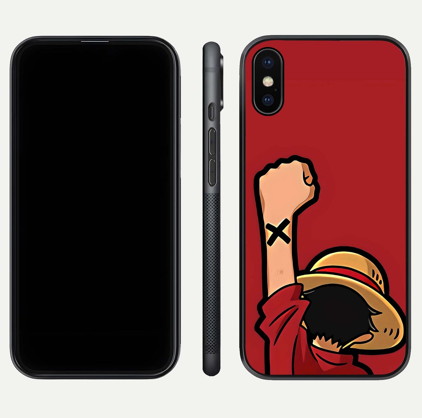 Luffy X Spirit Glass Case for iPhone X front & back layout displaying anime theme and curved edges