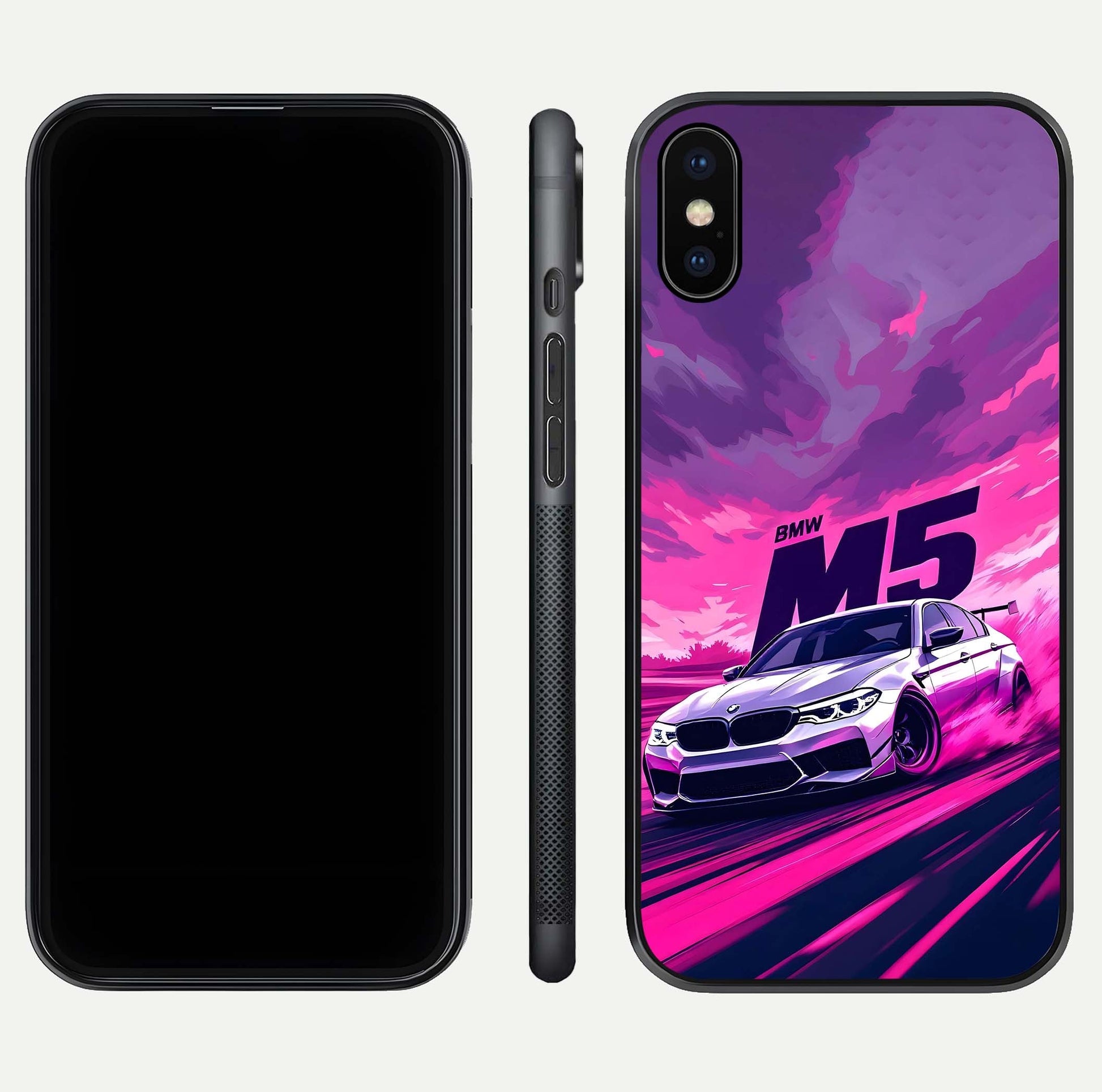 MS Neon Car Glass Case for iPhone X front & back layout highlighting automotive art and curved design
