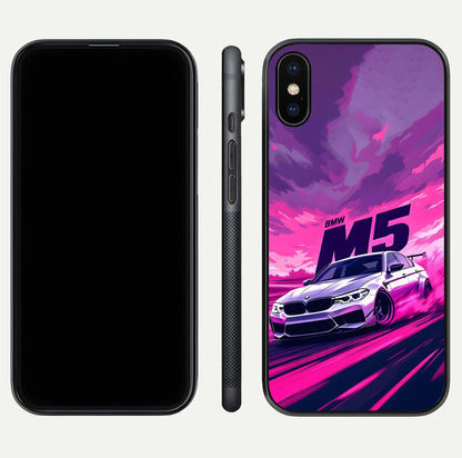 MS Neon Car Glass Case for iPhone X front & back layout highlighting automotive art and curved design