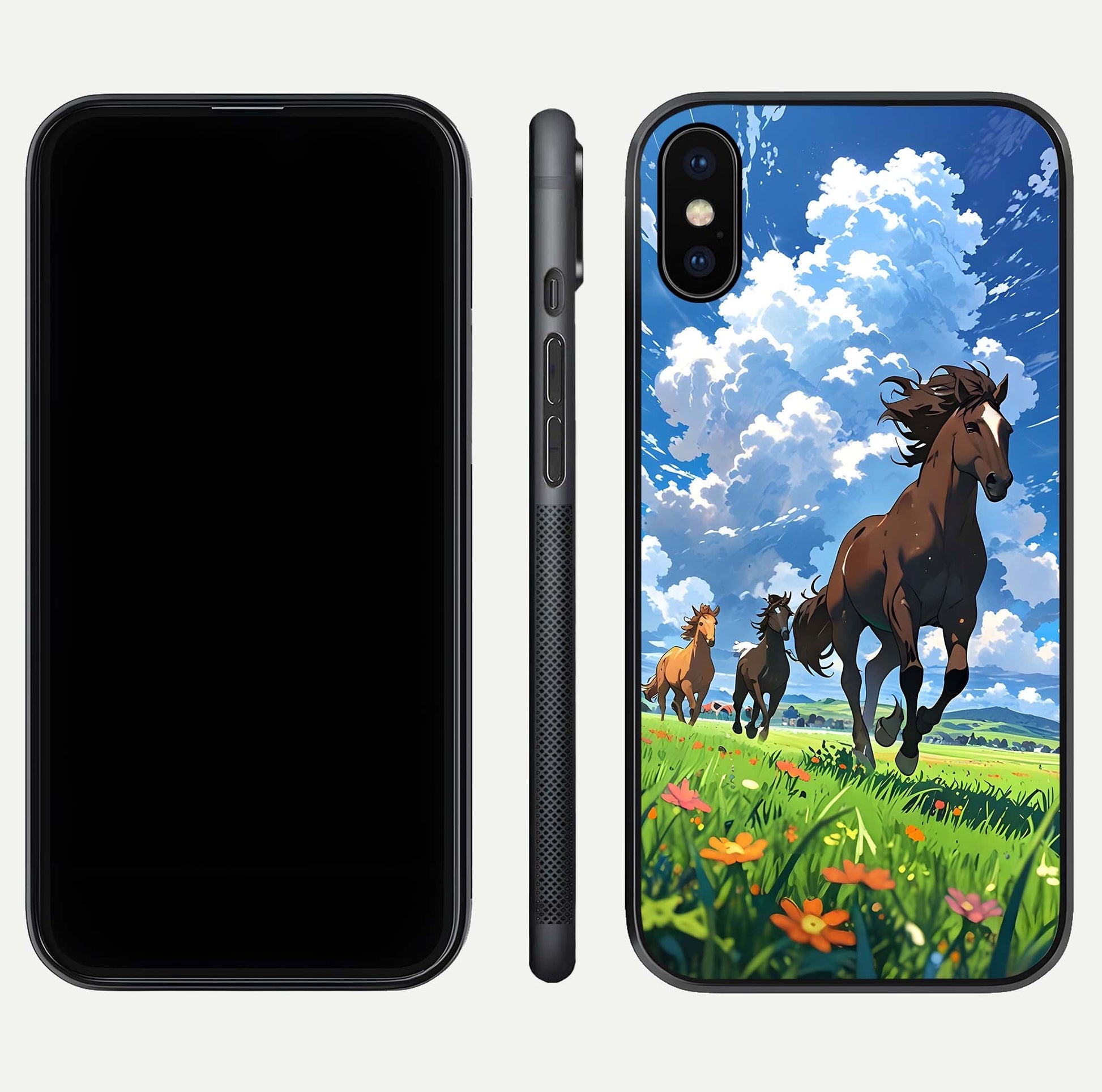 Majestic Horses Galloping Glass Case for iPhone X front & back layout highlighting dynamic design and edges