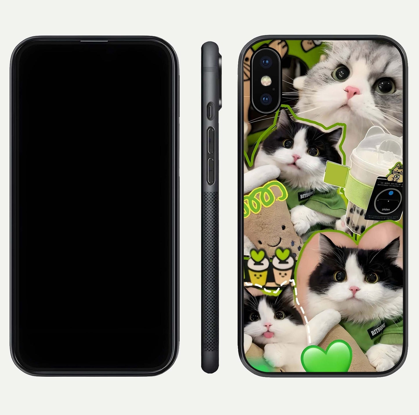 Matcha Cats Mood Glass Case for iPhone X front & back layout highlighting cute theme and smooth edges