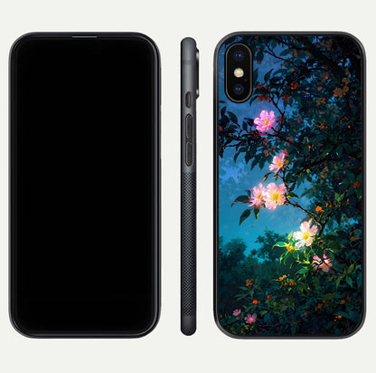 Midnight Bloom Glow Glass Case for iPhone X front & back layout highlighting moody tones and smooth finish
