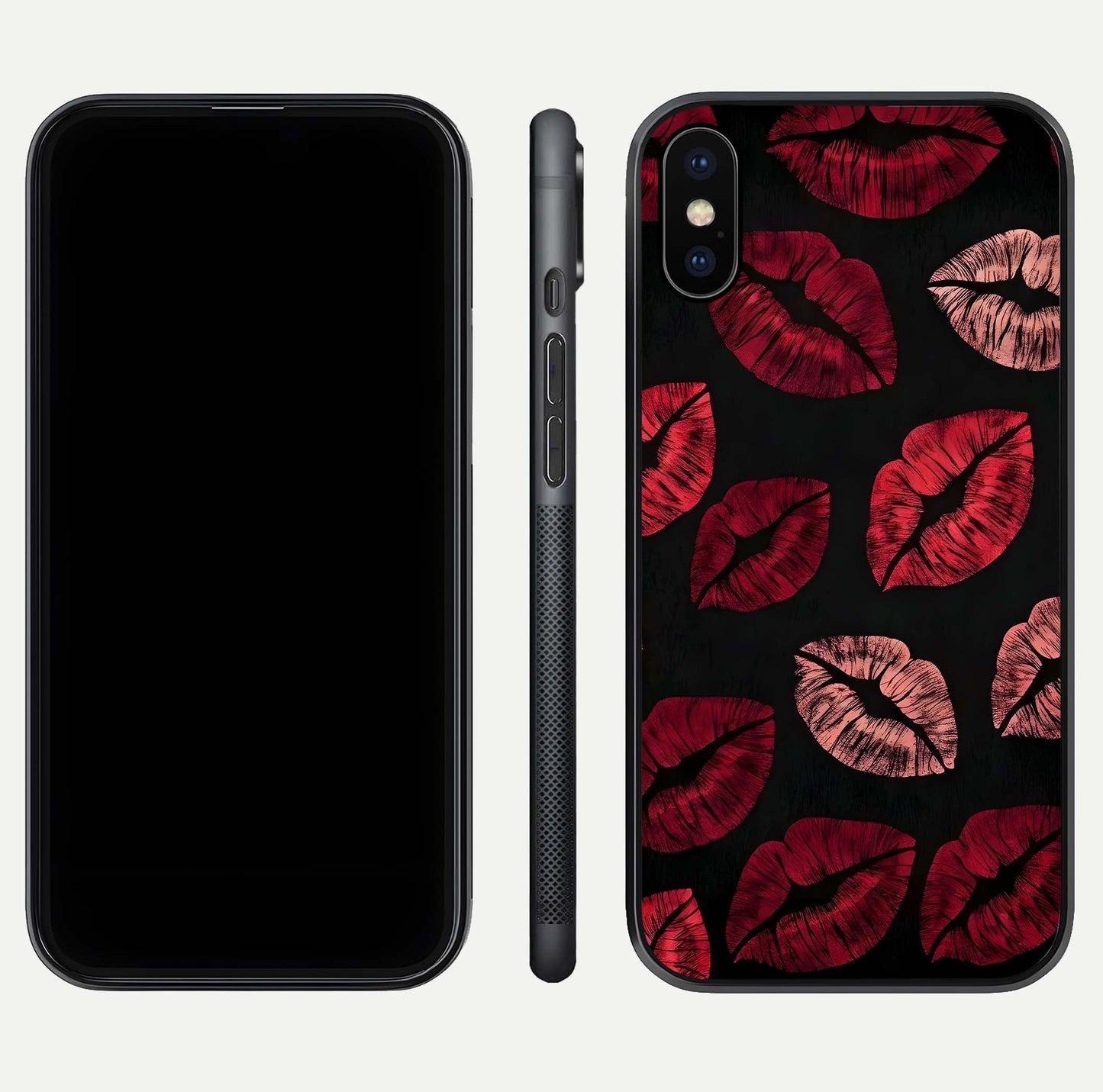 Midnight Kiss Love Glass Case for iPhone X front & back view layout showing romantic theme and smooth curves