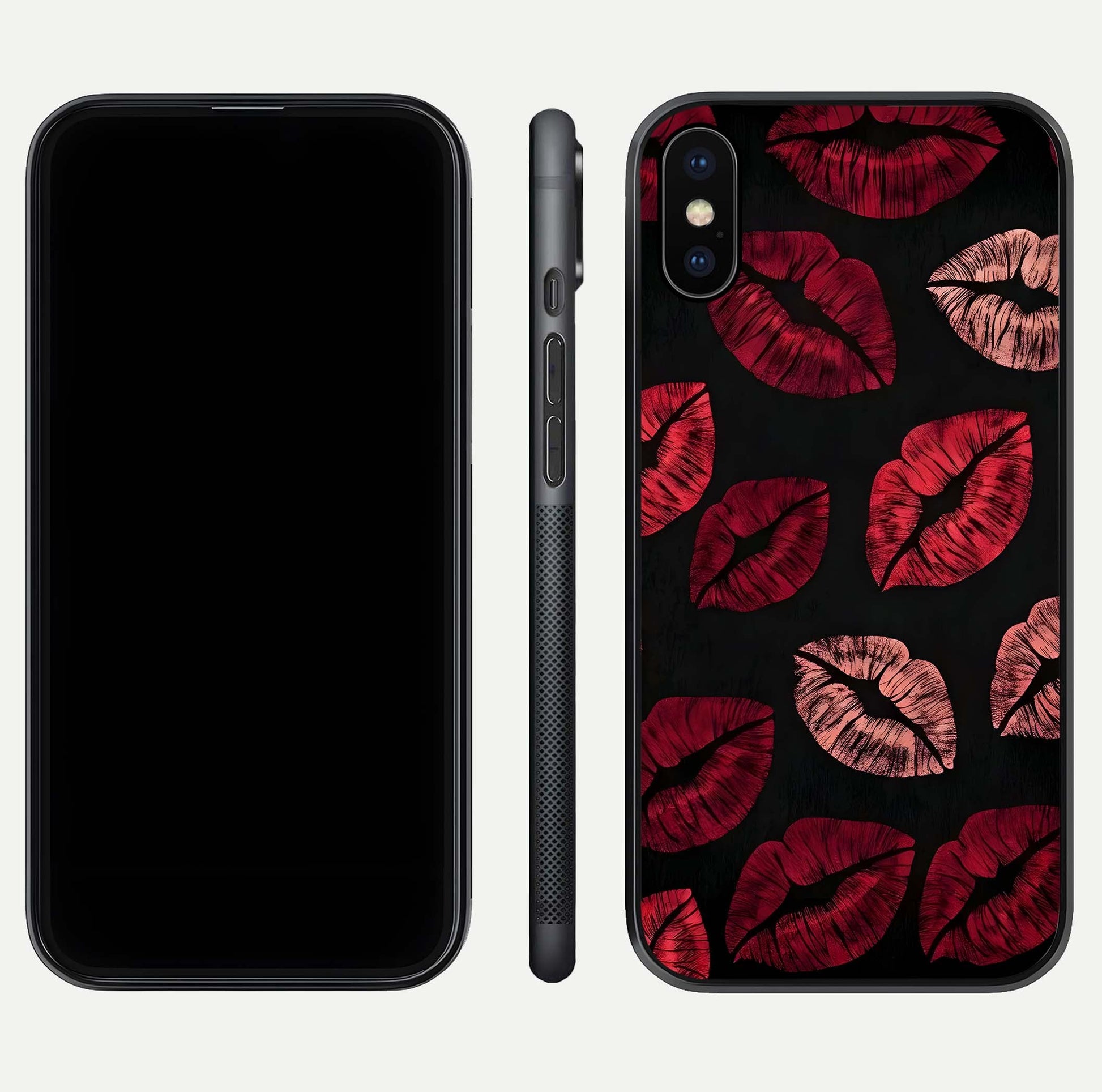 Midnight Kiss Love Glass Case for iPhone X front & back view layout showing romantic theme and smooth curves