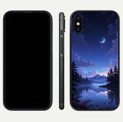 Midnight Lake Peace Glass Case for iPhone X front & back layout highlighting calm design and curved edges