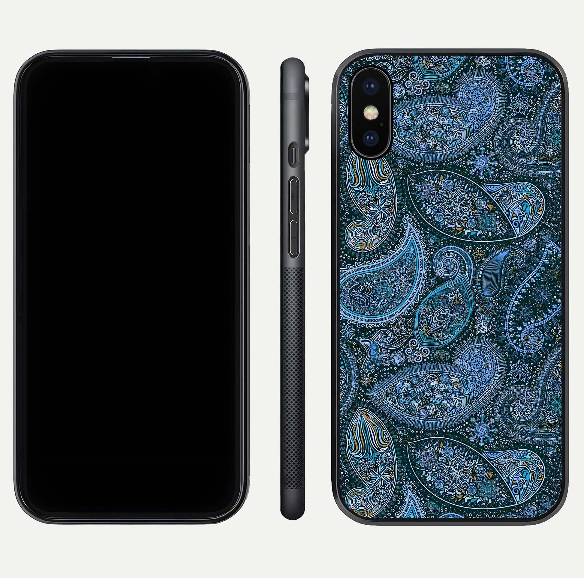 Midnight Paisley Glow Glass Case for iPhone X front & back layout highlighting elegant edge finish