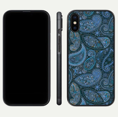 Midnight Paisley Glow Glass Case for iPhone X front & back layout highlighting elegant edge finish