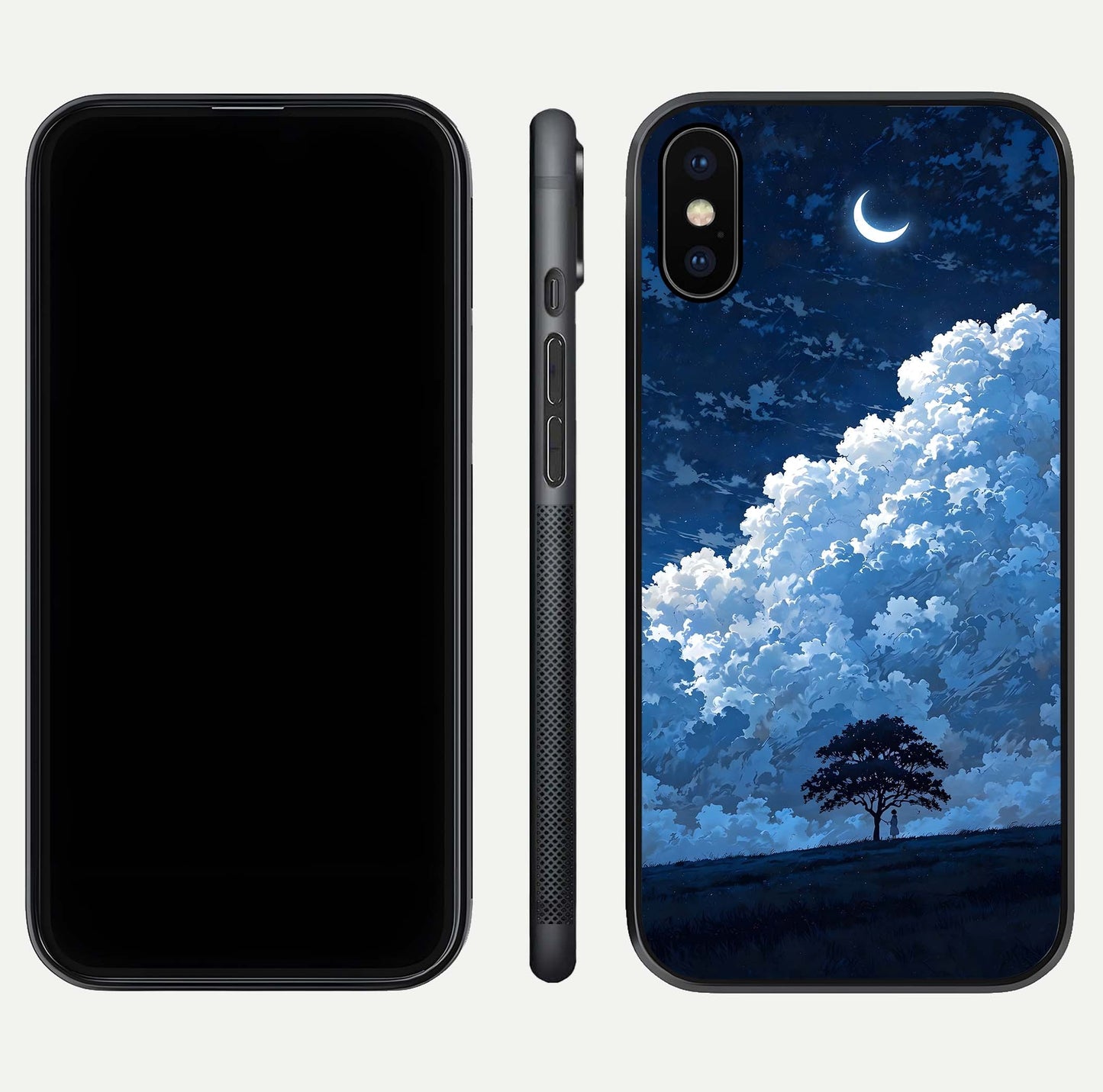 Midnight Sky Serenity Glass Case for iPhone X front & back layout highlighting celestial art and curves