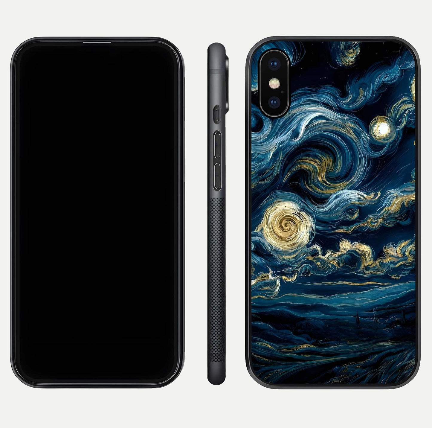 Midnight Sky Whirl Glass Case for iPhone X front & back layout highlighting celestial movement art