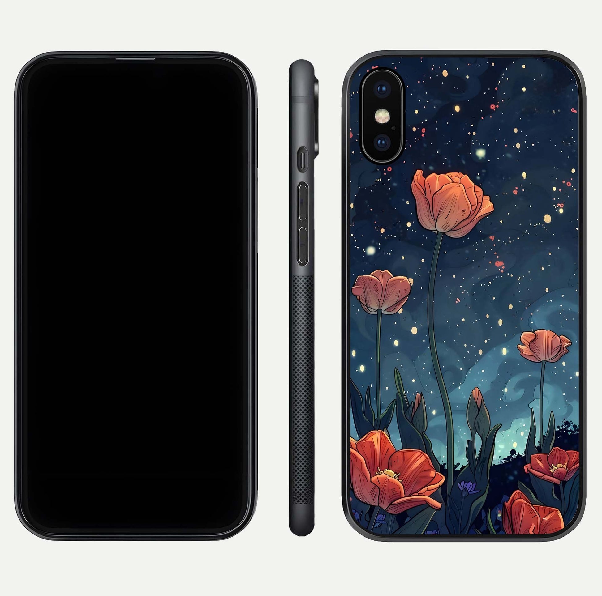 Midnight Tulip Glow Glass Case for iPhone X front & back layout highlighting floral glow and curved edges