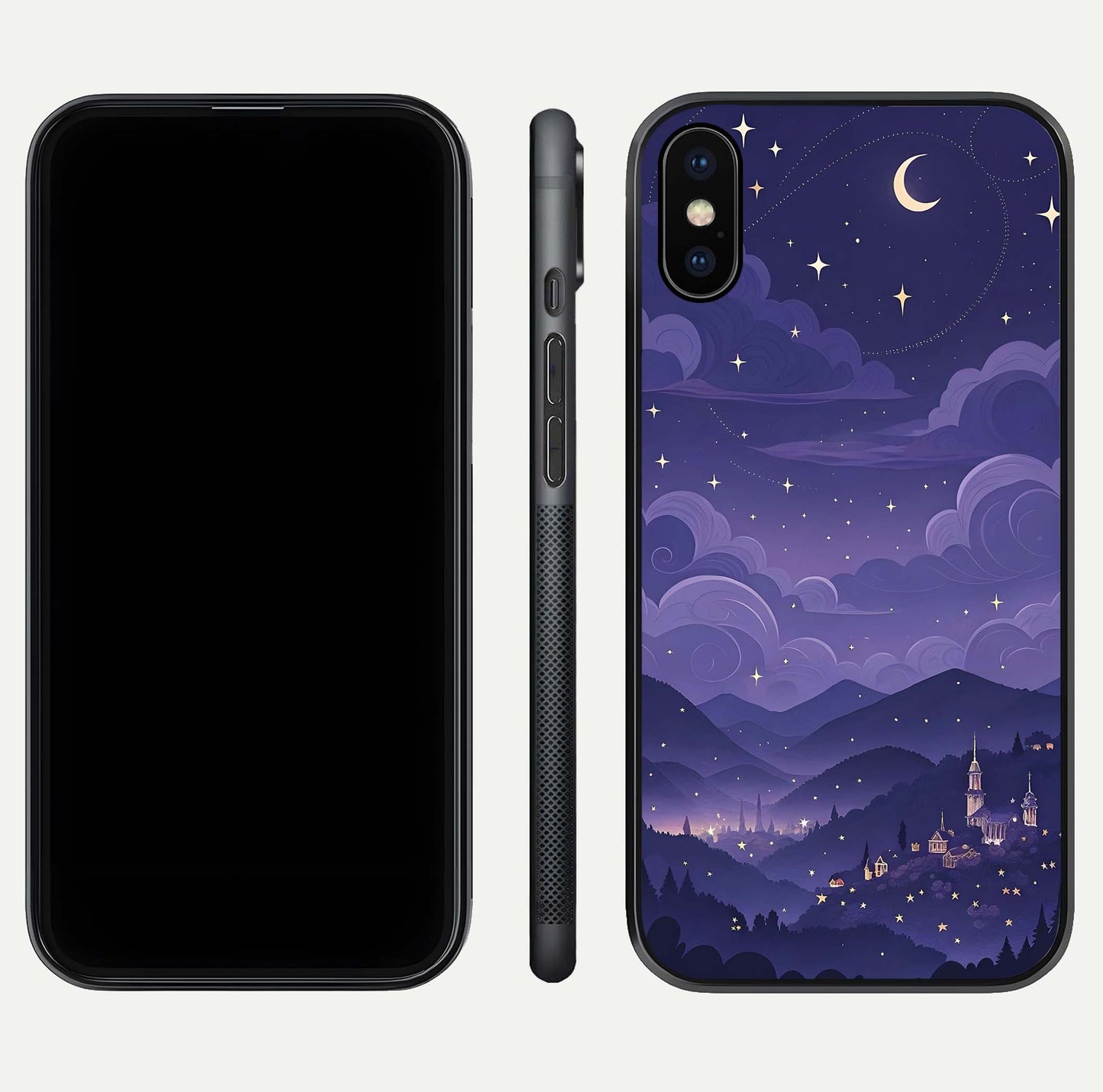 Minimal Night View Glass Case for iPhone X front & back layout highlighting minimal night vibe and curves