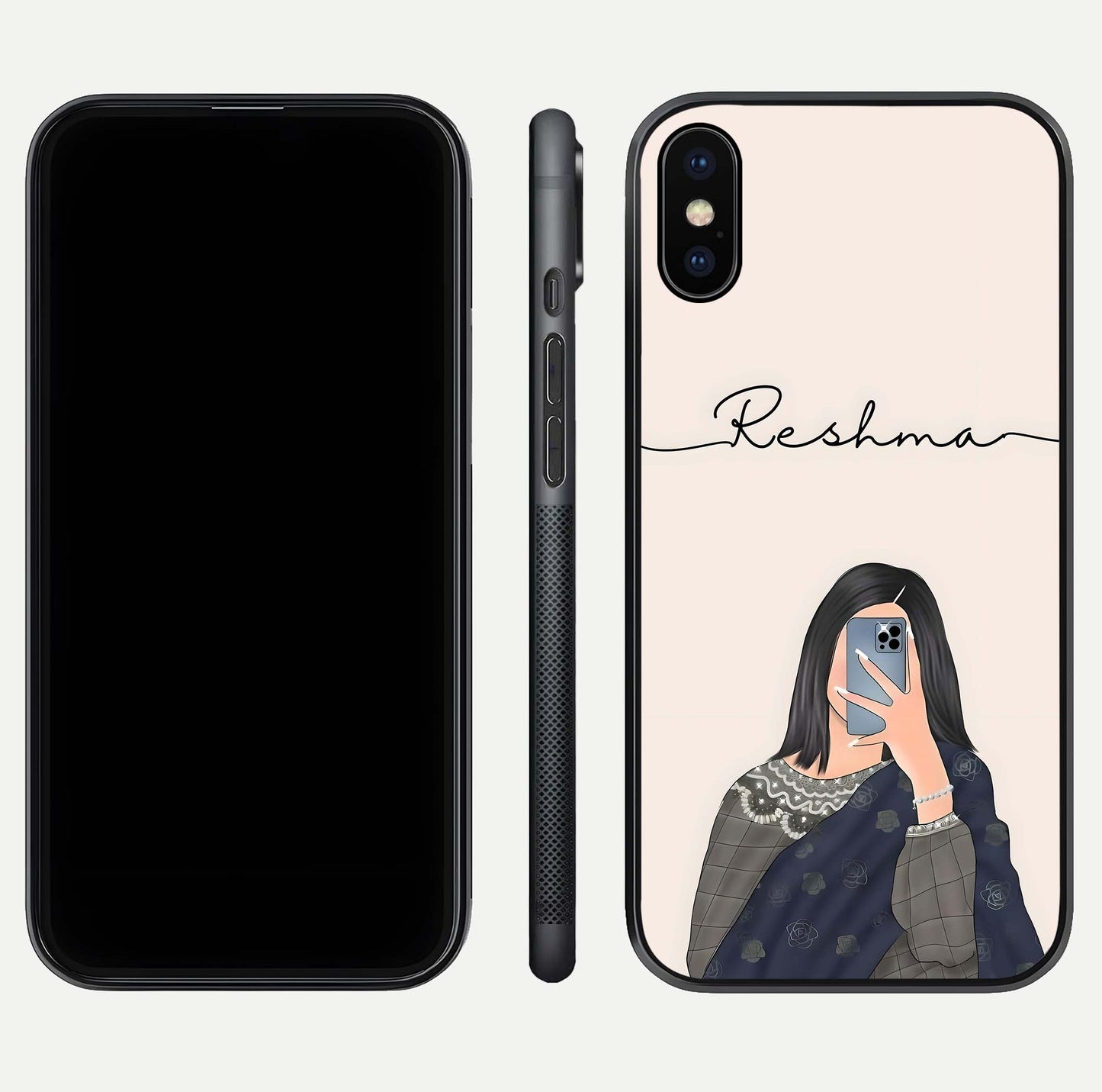 Mirror Mood Muse Custom Name Glass Case for iPhone X front & back layout showing personalized name placement