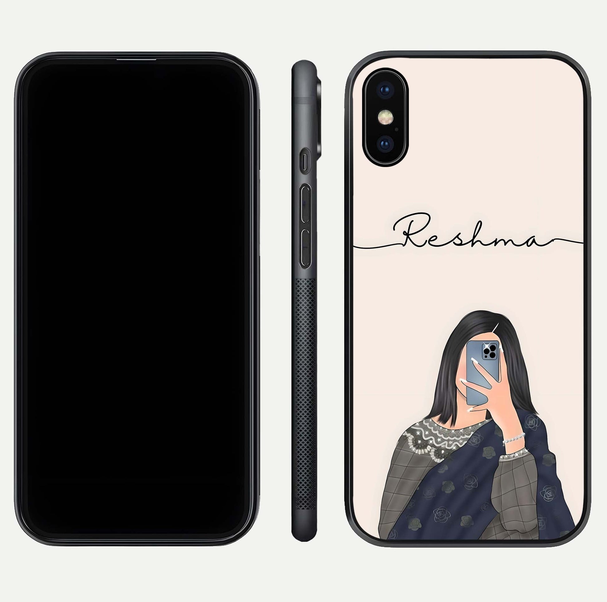 Mirror Mood Muse Custom Name Glass Case for iPhone X front & back layout showing personalized name placement